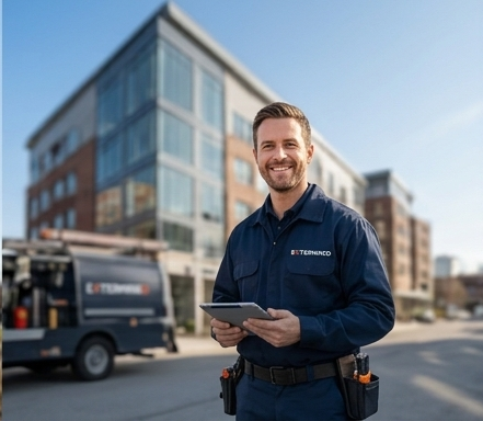 Technicien Extermineo devant immeuble